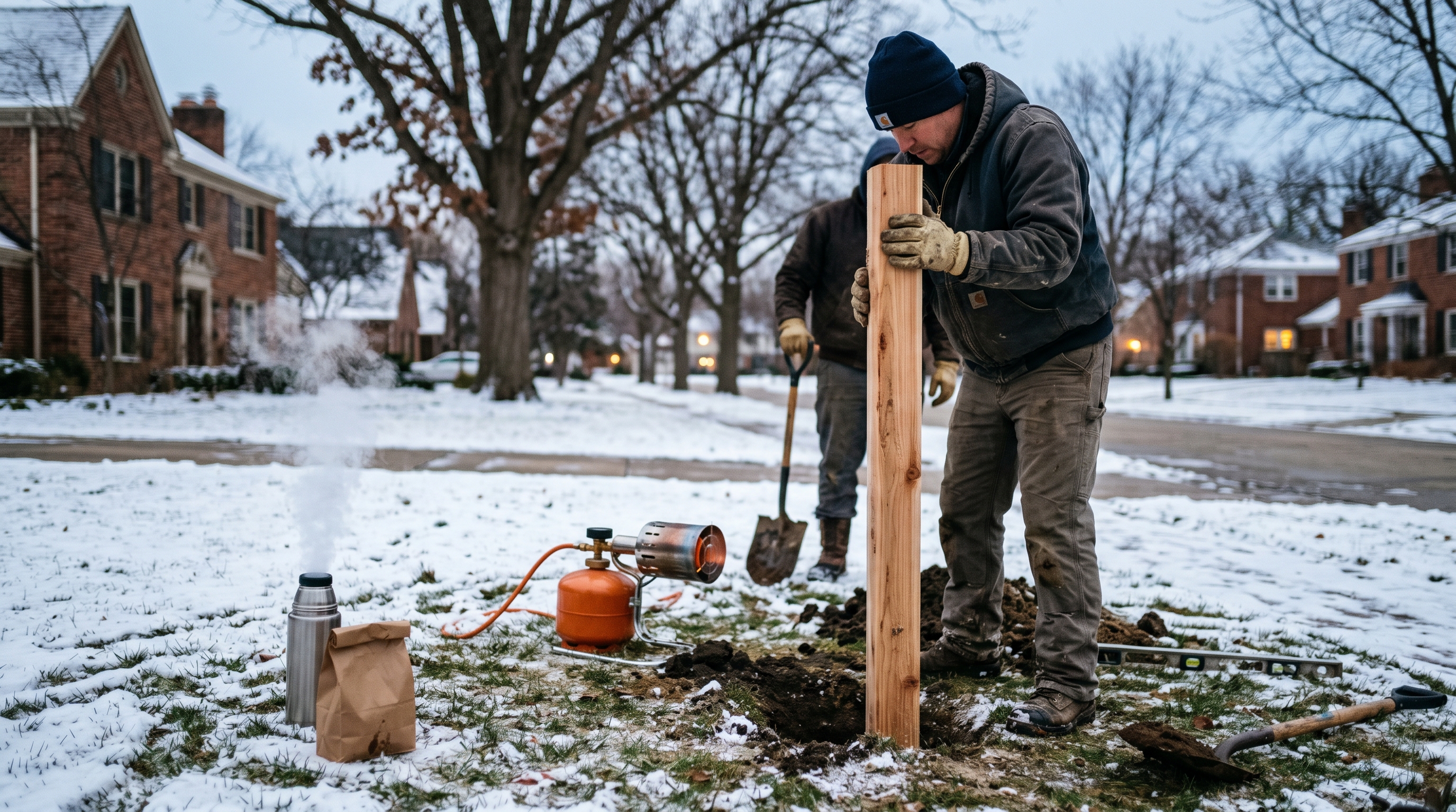 Cedar mailbox post being installed in light snow with a propane ground heater nearby